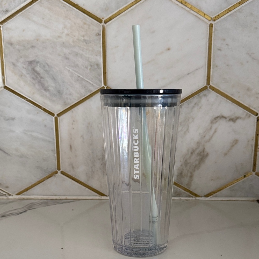 18oz Starbucks Glass Tumbler with Teal Lid and Light Blue Straw